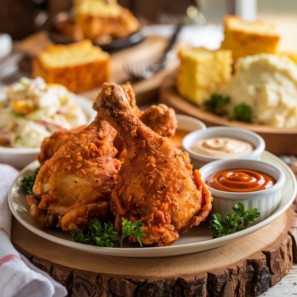 What is the secret to good fried chicken? 1 Golden-brown fried chicken legs on a plate, garnished with parsley and served with dipping sauces, coleslaw, and cornbread on a rustic wooden table.