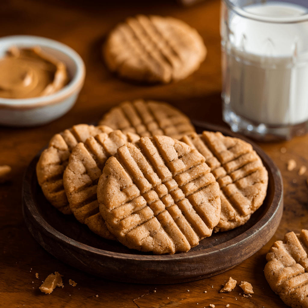How to Make 4-Ingredient Peanut Butter Cookies in 20 Minutes! 1 Finished 4-ingredient peanut butter cookies on a rustic wooden plate with cross-hatch marks, served with a glass of milk.