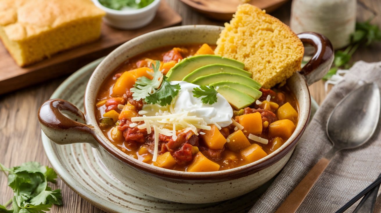 Butternut Squash Chili: 7 Simple Steps for a Delicious & Healthy Meal 1 A bowl of butternut squash chili topped with sour cream, avocado, cilantro, and cheese, with cornbread on the side.
