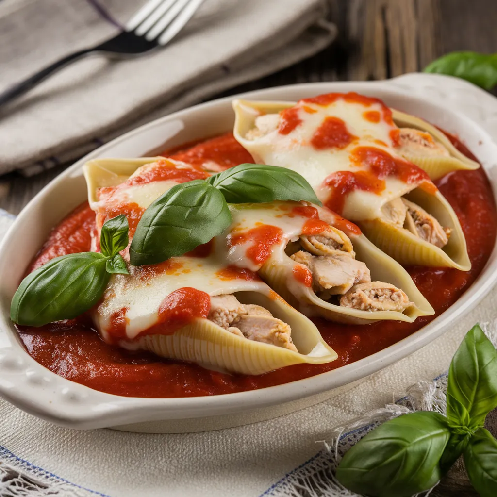 Chicken Stuffed Shells Guide: A Comforting and Cheesy Dinner Delight 1 Finished chicken stuffed shells served on a white plate, topped with marinara sauce, melted cheese, and garnished with fresh basil.