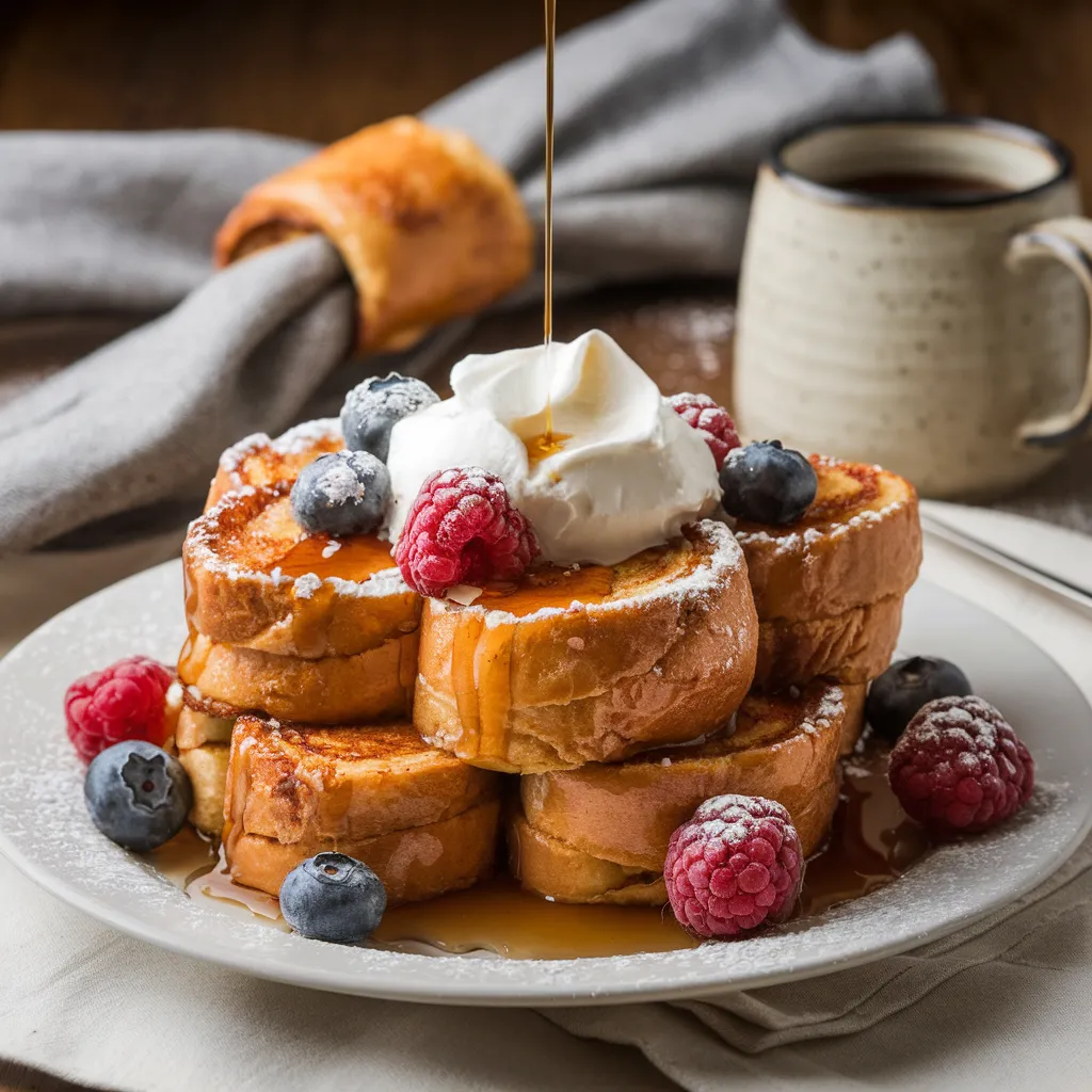 Cinnamon Roll French Toast: A Sweet and Decadent Breakfast Treat 1 A plate of Cinnamon Roll French Toast with maple syrup, powdered sugar, fresh berries, and whipped cream.