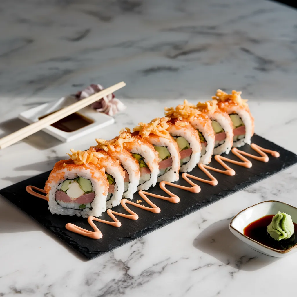 What Is in the Crunchy Roll? 1 Finished Crunchy Roll served on a black slate plate, garnished with tempura flakes and spicy mayo