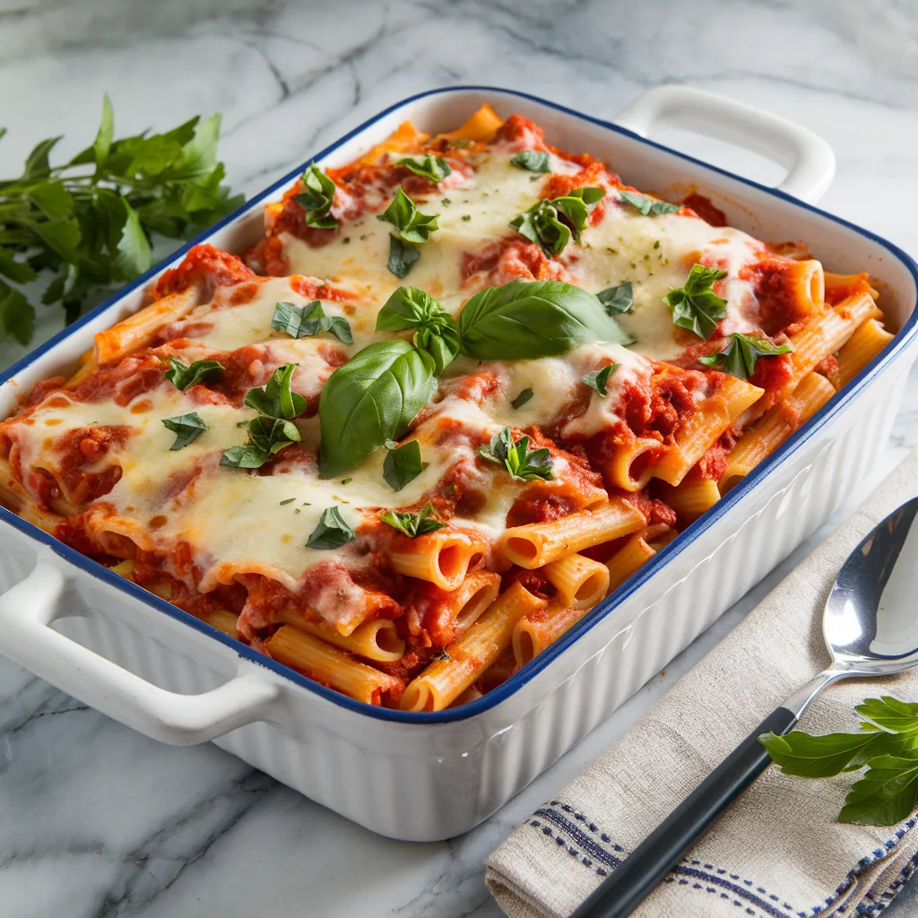 Mastering Easy Dinner Recipes: A Guide to Quick, Delicious Meals 1 vibrant and appetizing image of a baked ziti dish in a white ceramic casserole dish