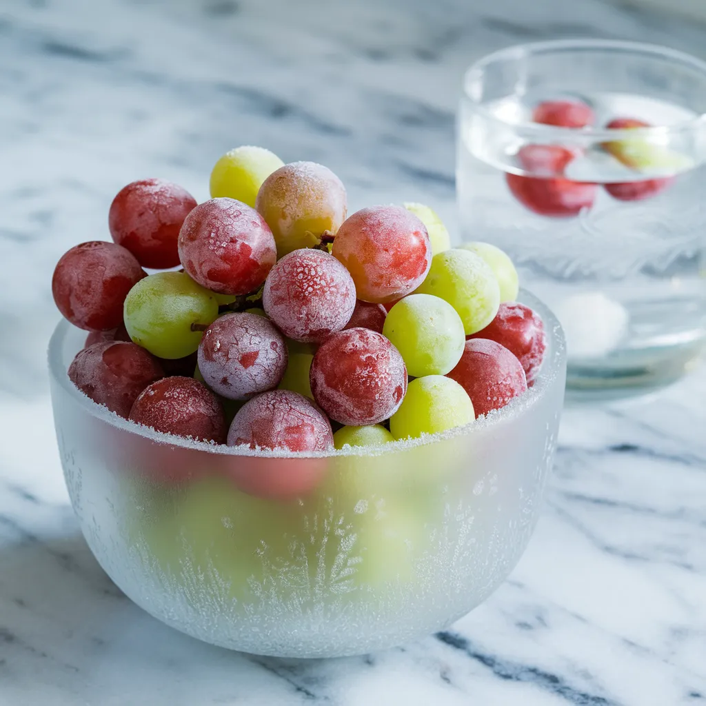Frozen Grapes: A Refreshing and Healthy Treat 1 Frozen red and green grapes in a frosted glass bowl, with a glass of water in the background