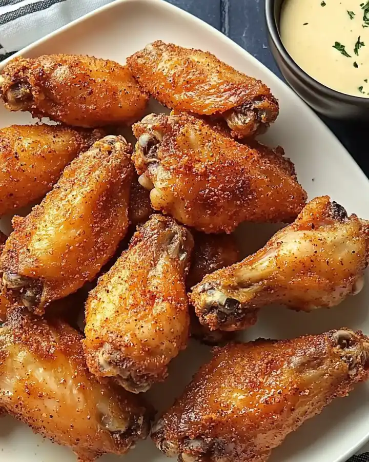 Crispy Baked Chicken Wings – Easy, Delicious, and Game-Day Ready 1 Golden fried chicken wings with seasoning and dipping sauce.