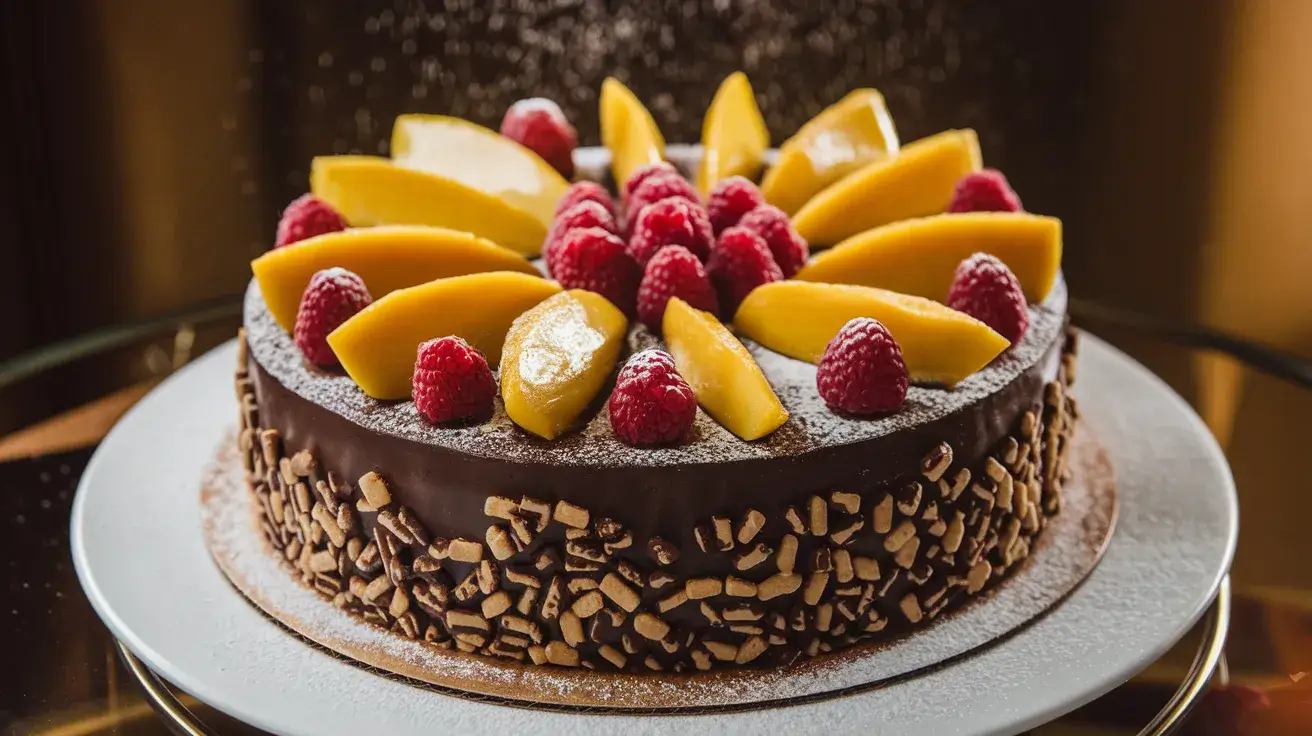 What is a Secret Ingredient for Cake? 1 Luxurious chocolate cake topped with sliced mangoes and raspberries