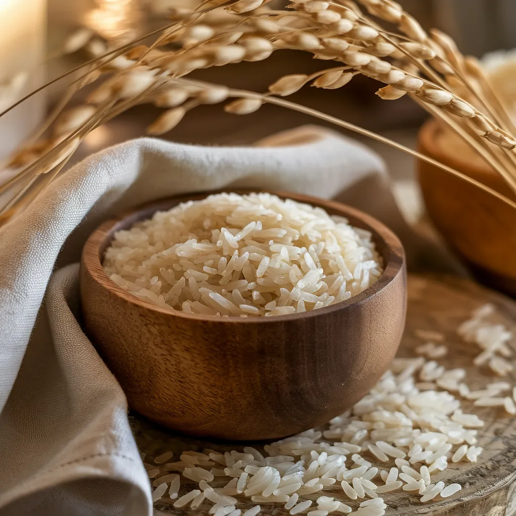 What Is the Best Rice for Arroz Imperial? 1 raw rice as the ideal choice for Arroz Imperial. The rice should be displayed in a rustic wooden bowl placed on a textured wooden table, with some loose grains scattered naturally around it