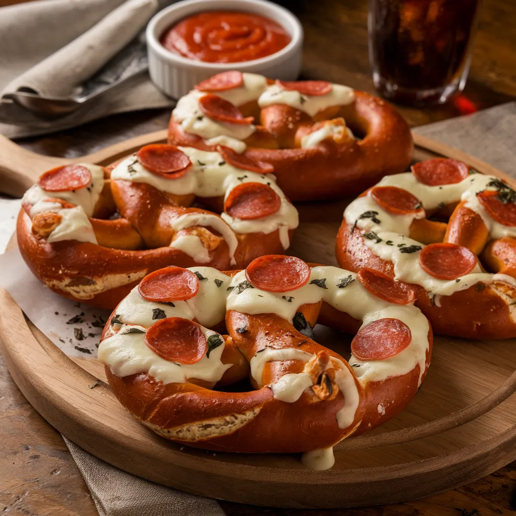Pizza Pretzel Guide: A Fun and Flavorful Snack 1 Pizza pretzels with melted cheese and pepperoni on a wooden serving board with marinara sauce.