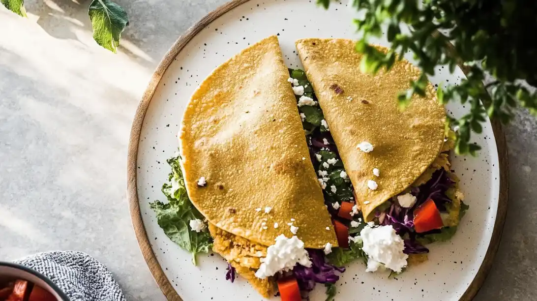 Potato Tacos with shredded lettuce, guacamole, salsa, and cheese