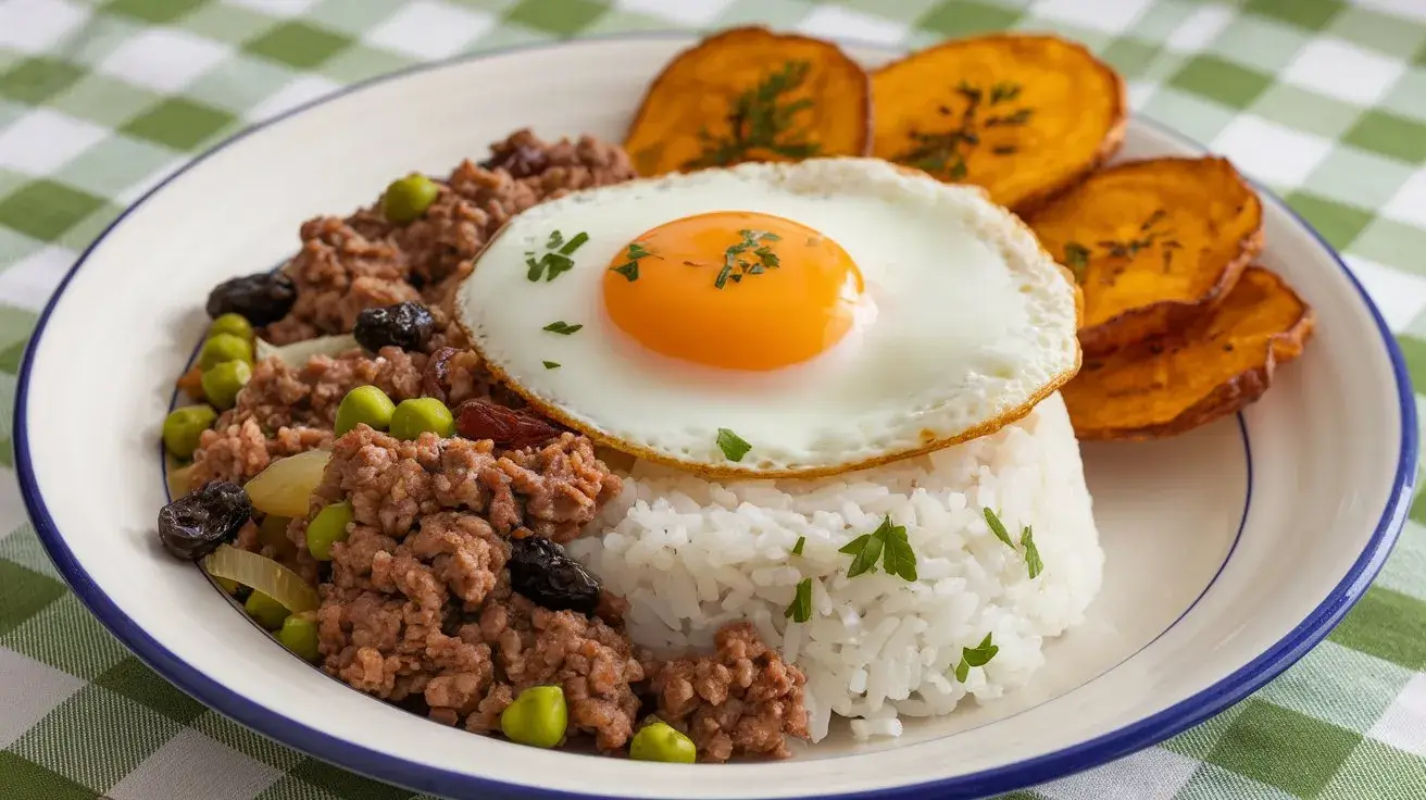 Where is Arroz a la Cubana From? Exploring the Origins and Cultural Significance of a Beloved Dish 1 Arroz a la Cubana with white rice, ground beef with peas and raisins, a sunny-side-up egg, and fried plantains on a white plate with a blue rim.