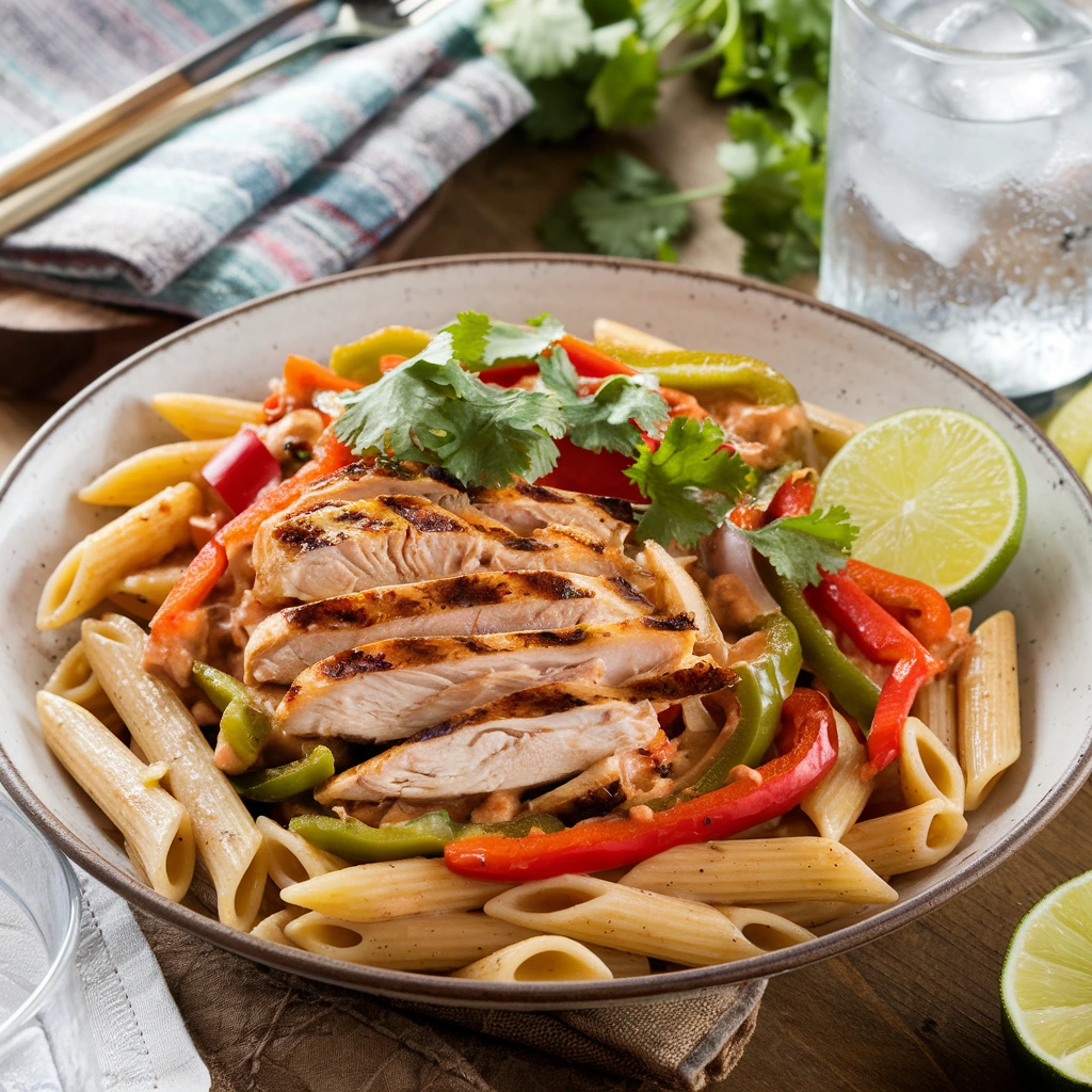 Chicken Fajita Pasta: A Fusion of Tex-Mex and Italian Flavors 1 Chicken Fajita Pasta served in a rustic bowl, topped with grilled chicken, peppers, onions, and garnished with cilantro and lime