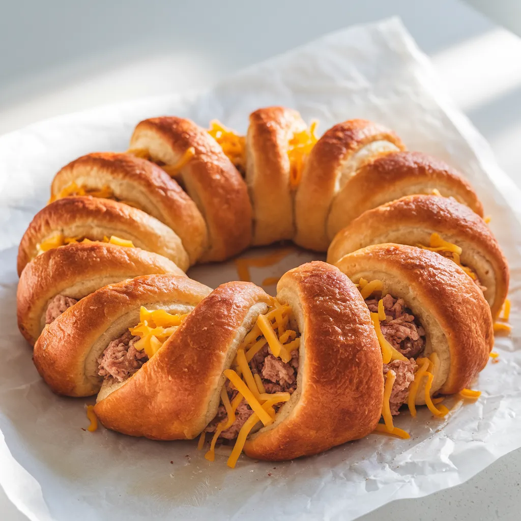 Chicken Rings Guide: A Fun and Tasty Snack for Any Occasion 1 a golden-brown crescent roll wreath filled with Ground Chicken and shredded cheese. The wreath should have evenly twisted dough sections with visible fillings, Ground Chicken and melted cheese