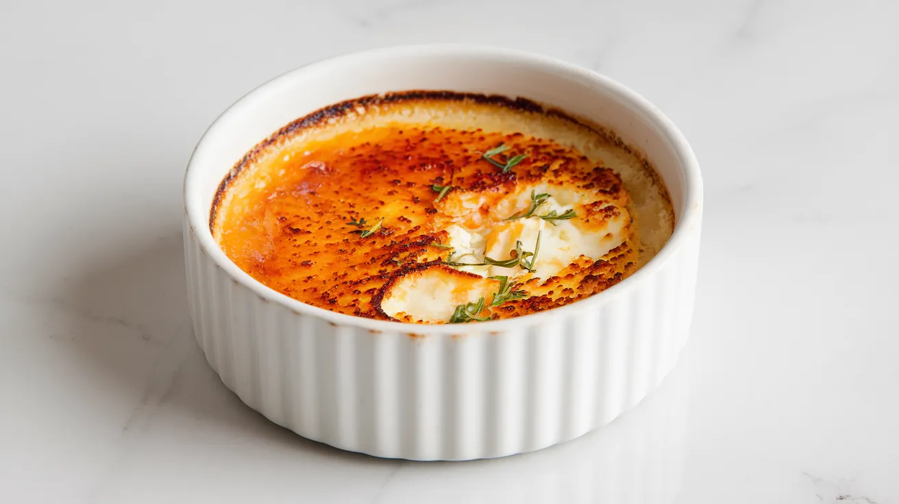 Savory Crab Brûlée Recipe: A Gourmet Twist on a Classic Dish 1 a single-serving crab brûlée in a white, ribbed ramekin