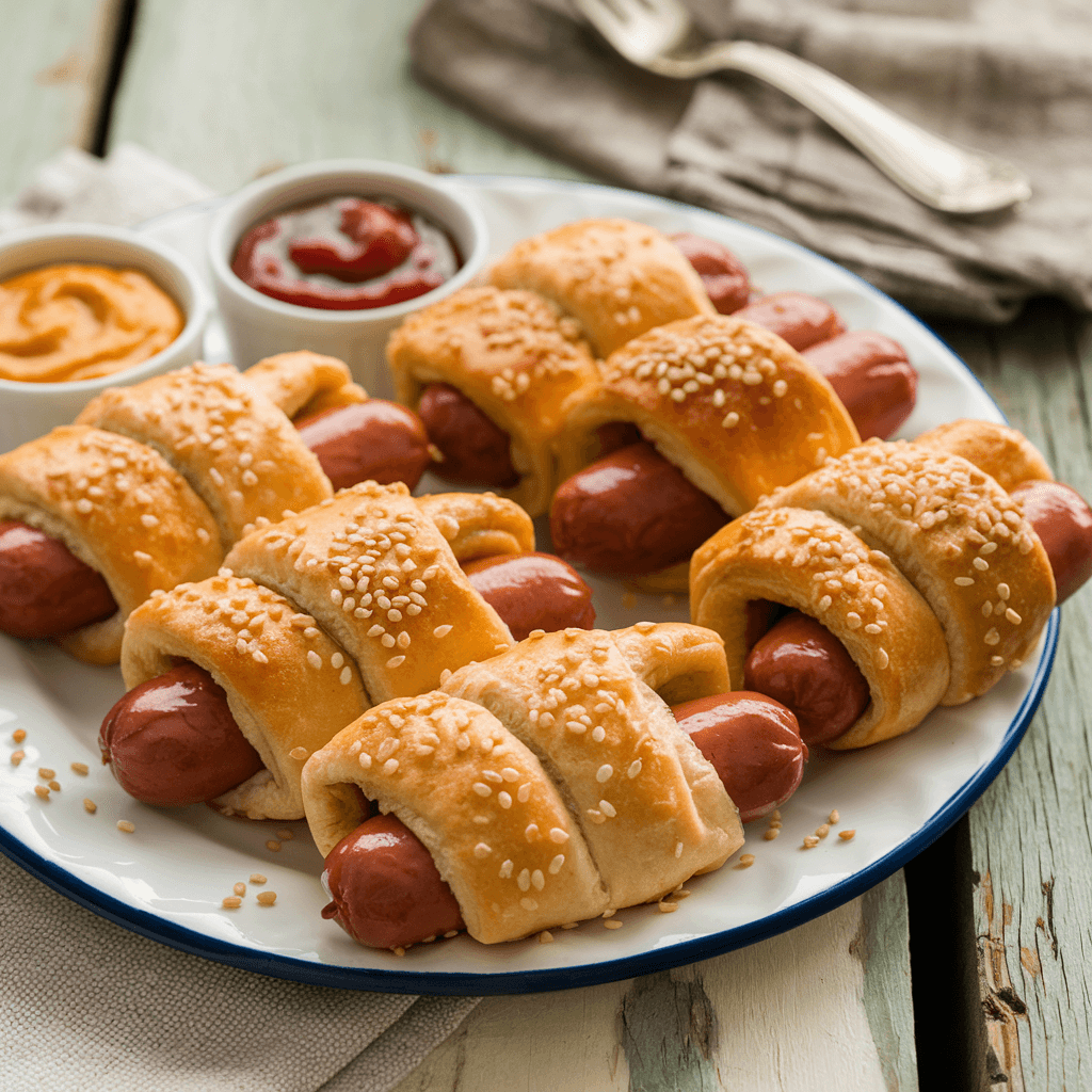 Crescent Roll Hot Dogs Guide: A Fun and Easy Snack for Any Occasion 1 Crescent Roll Hot Dogs served on a white plate with mustard and ketchup on the side.