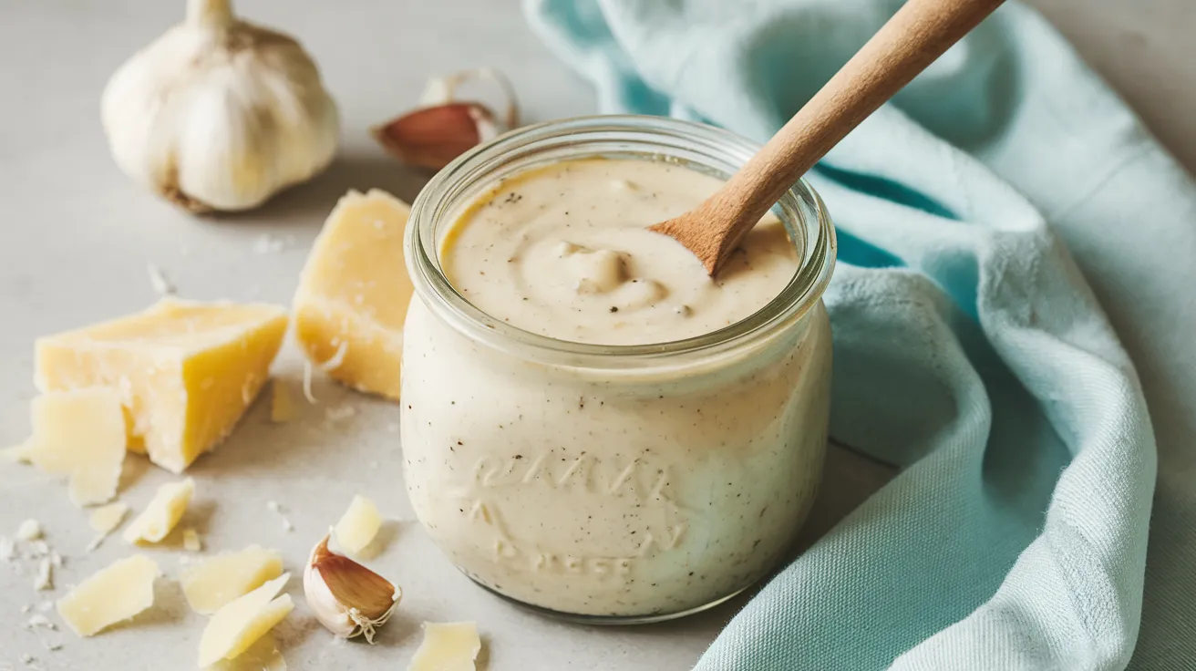Garlic Parmesan Sauce: Creamy, Flavorful, and Easy to Make 9 a jar filled with creamy garlic parmesan sauce