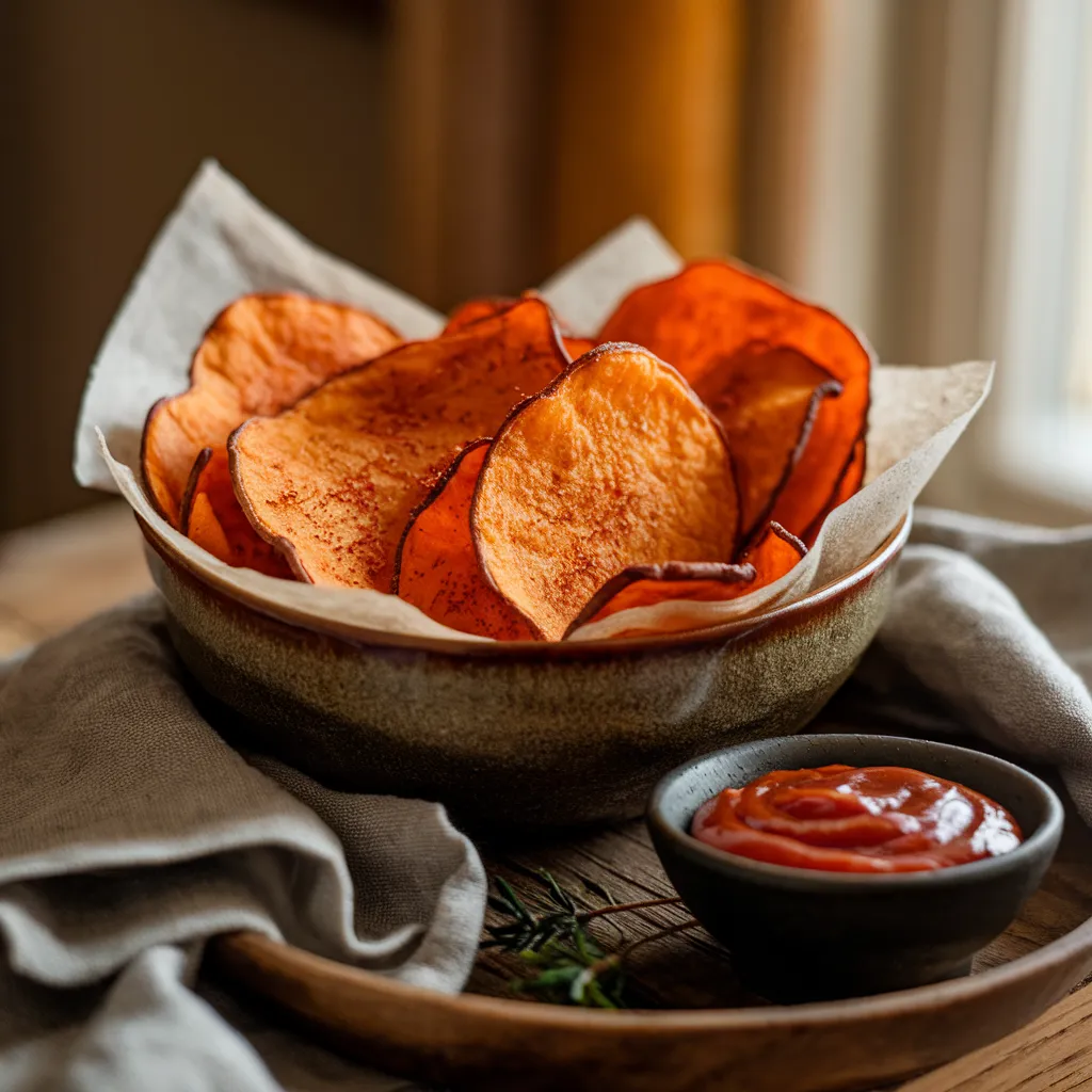 Sweet Potato Chips: A Healthy and Crispy Snack Option 1 Homemade sweet potato chips served in a rustic bowl with a side of dipping sauce