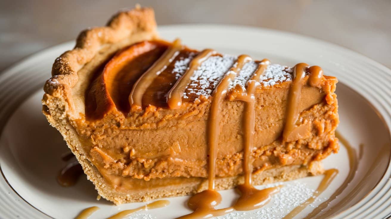 Close-up of a slice of sweet bean pie with caramel drizzle and powdered sugar.