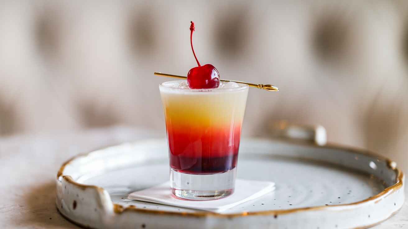 Pineapple Upside Down Cake Shot: Irresistibly Delicious 1 glasse of a pineapple upside down cake shot, topped with a cherry