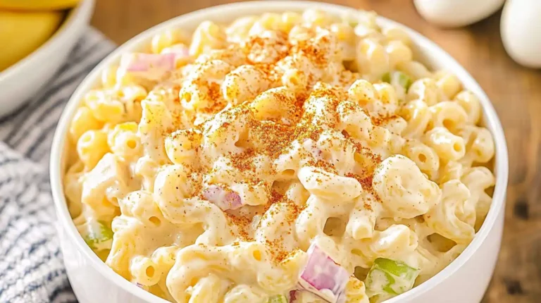 Close-up of a bowl of deviled egg macaroni salad, featuring elbow macaroni mixed with creamy dressing, sprinkled with paprika, and containing chunks of green peppers and red onions.