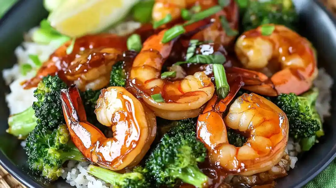Honey Garlic Butter Shrimp and Broccoli – Quick, Flavor-Packed Dinner 1 Honey garlic butter shrimp and broccoli served with rice.