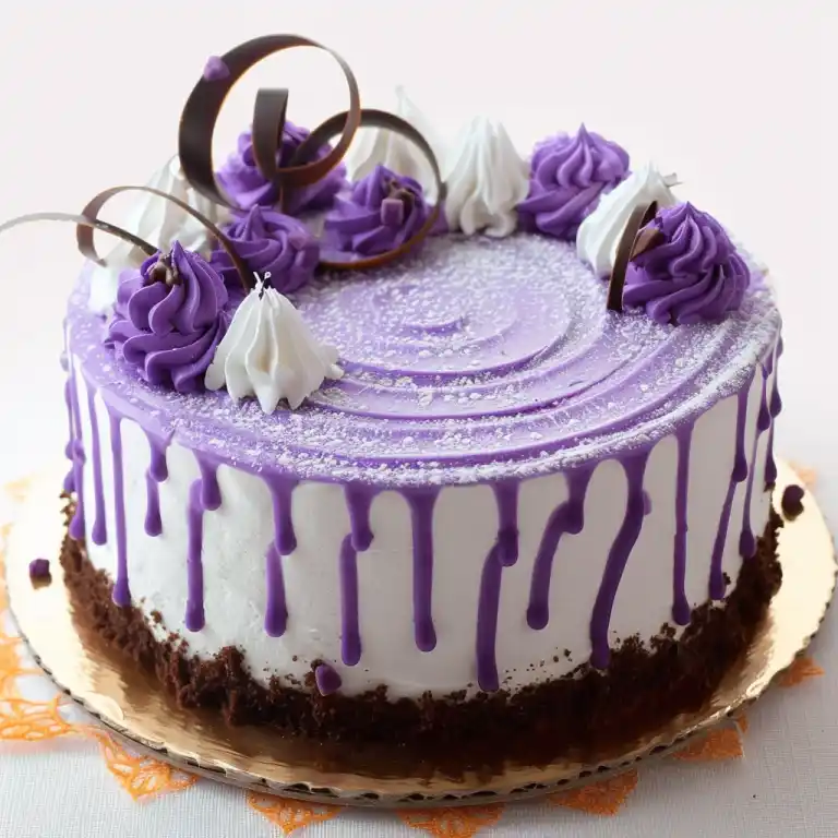 Ube Cake: The Fluffy Filipino Dessert Everyone’s Obsessed With 4 Ube cakes with purple frosting, chocolate curls, and drip icing on rustic wooden tables.
