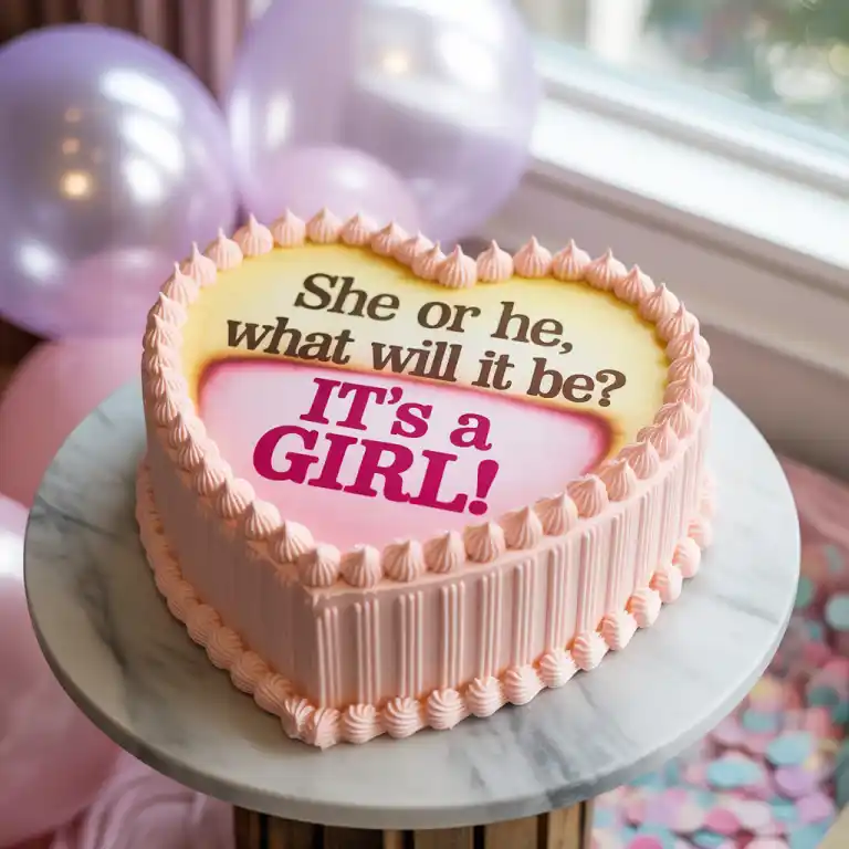 How to Make a Burn-Away Cake: Hidden Reveal You’ll Love 4 Heart-shaped gender reveal burn-away cake showing four stages, revealing "It's a Girl!"