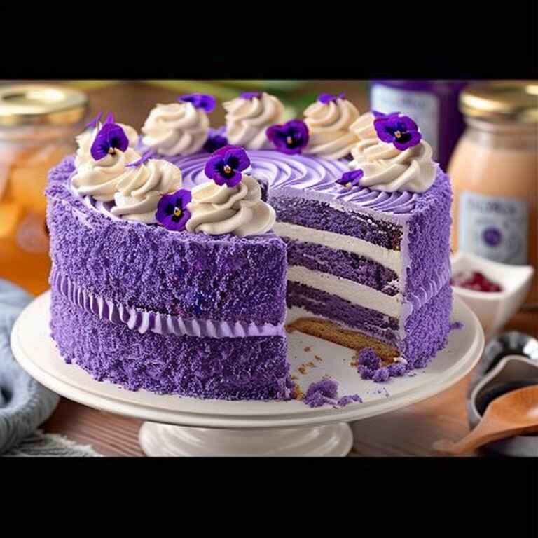 Ube Cake: A Visual Delight for Social Media in 2025 1 A Fluffy purple ube cake with ube filling and whipped cream decorations on a white cake stand.