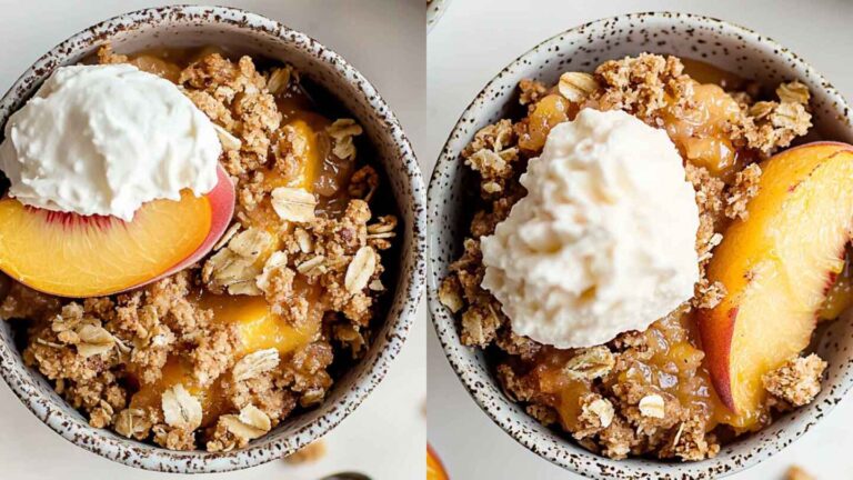 Bowl of peach crisp topped with a scoop of vanilla ice cream