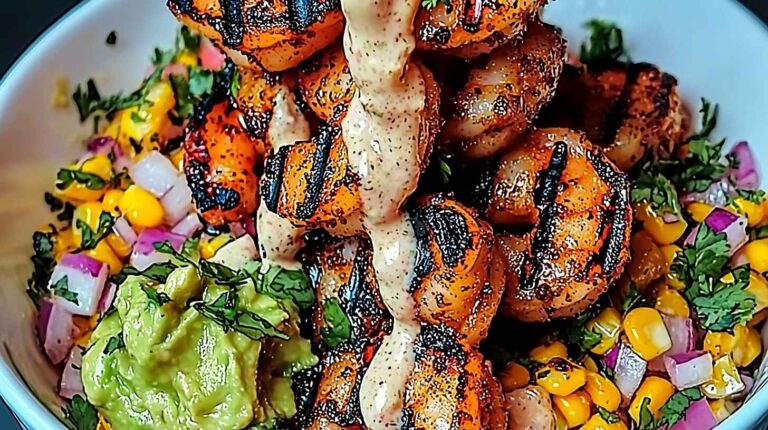 Grilled Shrimp Bowl with Avocado, Corn Salsa and Creamy Sauce: Summer Dinner Recipes 4 Charred grilled shrimp bowl topped with creamy sauce, served with corn salsa and guacamole