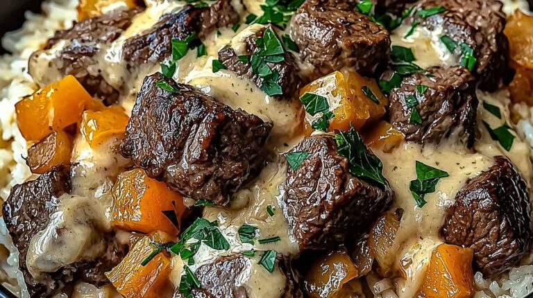 Close-up of cheesy steak and rice dish with creamy sauce and parsley garnish.