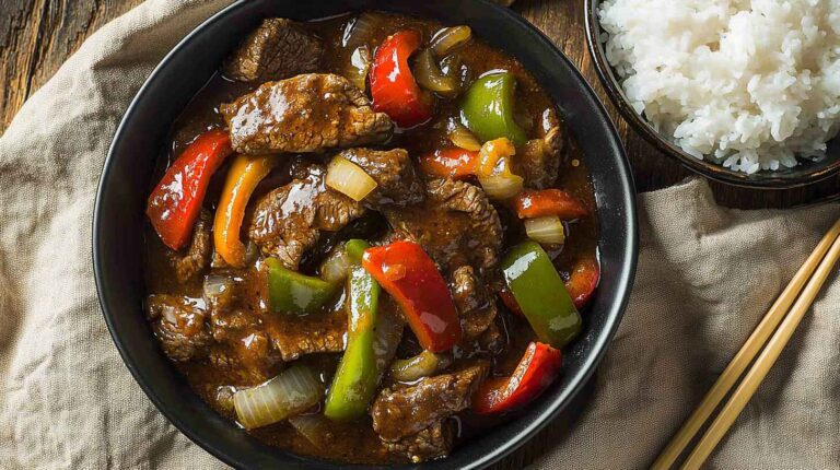 Crockpot pepper steak with bell peppers and onions in a black bowl, served with white rice and chopsticks on a rustic wooden table.