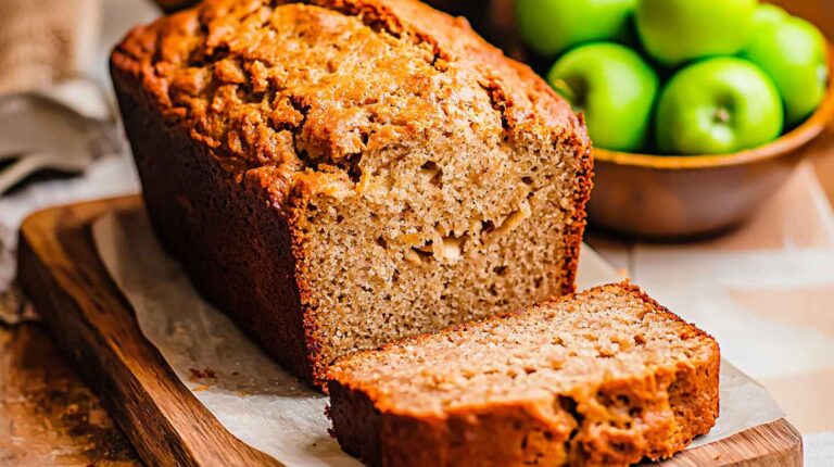 Sliced apple bread on a wooden board with green apples in the background