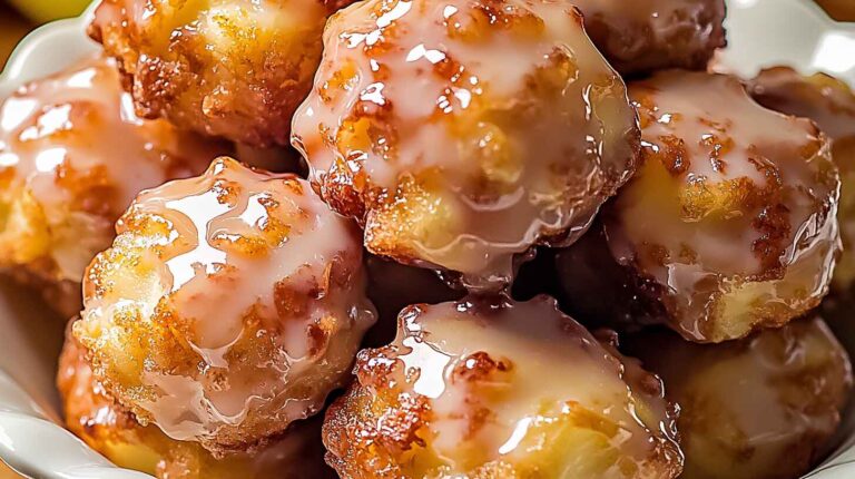 Plate of glazed apple fritter bites stacked in a white bowl