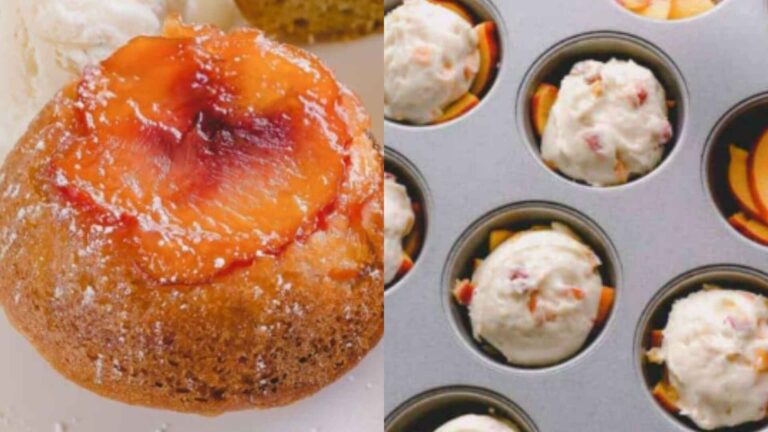 Muffin tin filled with peach slices and batter next to finished peach cupcakes