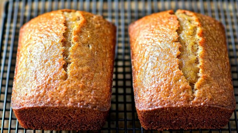 Two golden-brown cinnamon applesauce bread loaves on a cooling rack