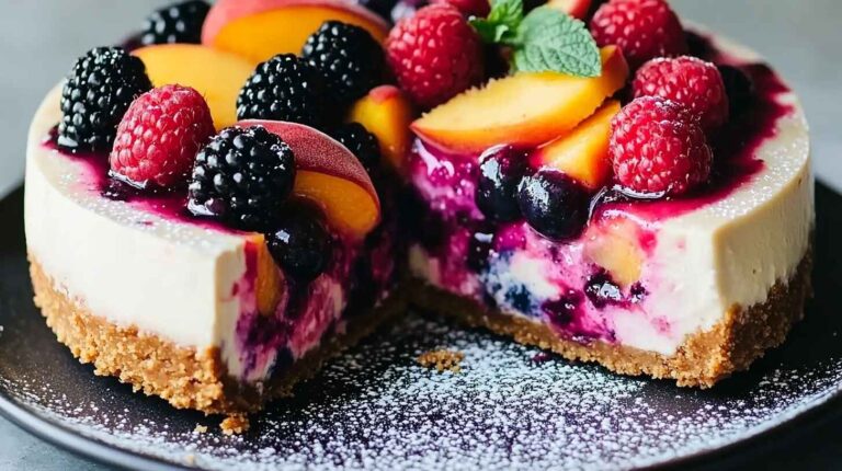 No-bake cheesecake topped with fresh berries and peach slices