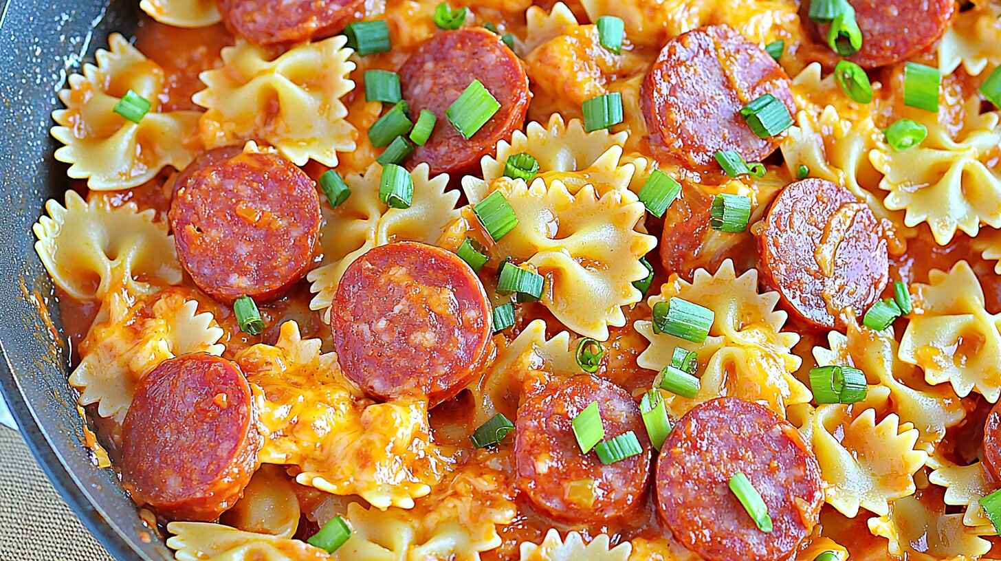 One Pot Kielbasa Pasta – Quick, Cheesy & Family-Loved Dinner 4 One pot kielbasa pasta with bowtie noodles, sausage slices, melted cheese, and green onions in a skillet