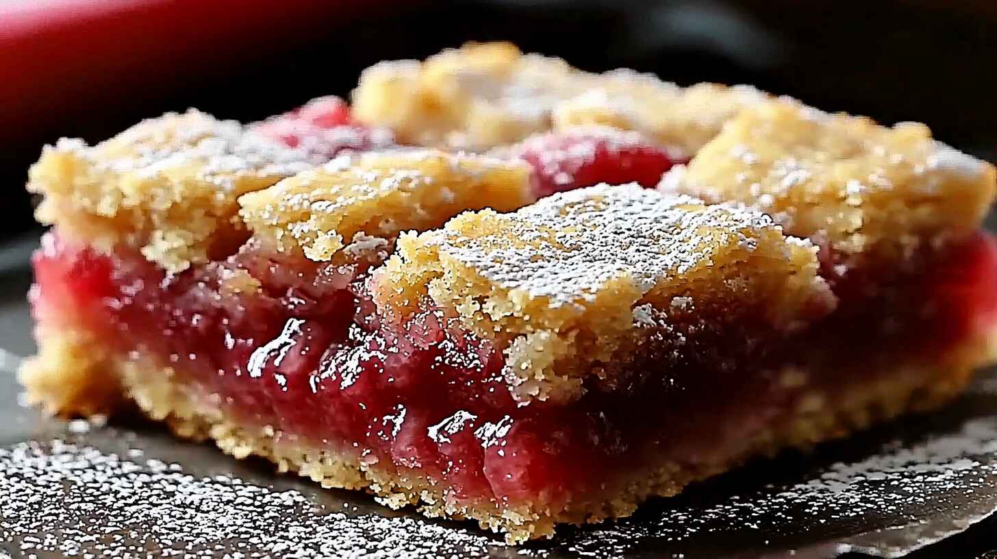 Rhubarb Shortbread Bars: Sweet-Tart Magic on a Buttery Base 2 Crumbly rhubarb shortbread bar on a dark plate