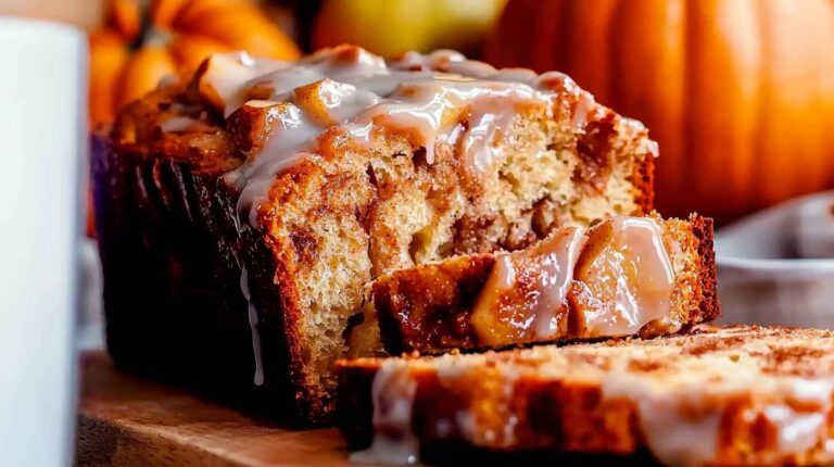 Sliced Amish apple fritter bread with glaze and apple chunks on a wooden board, surrounded by fall decor