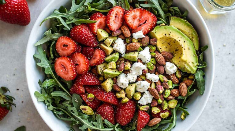 Colorful summer strawberry crunch salad with arugula, avocado, feta, almonds, pistachios, and champagne vinaigrette.