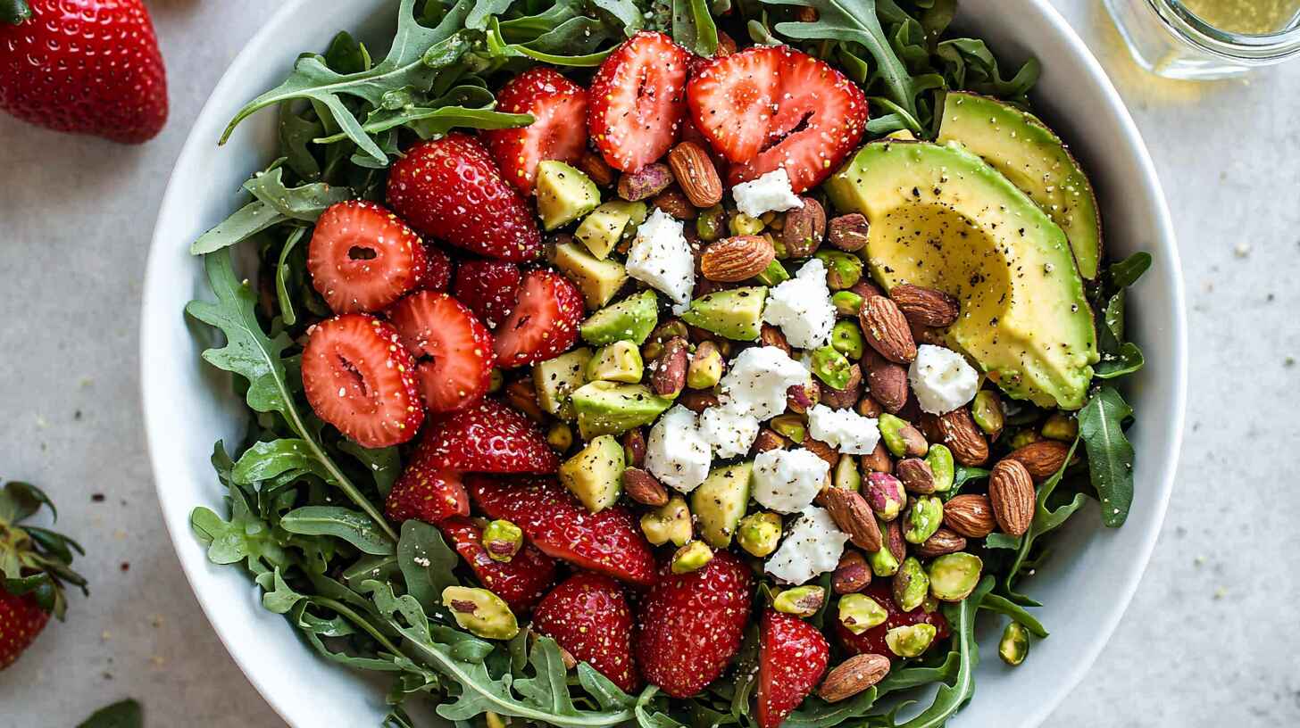 Strawberry Crunch Salad: Sweet, Crunchy & Fresh Summer Favorite 4 Colorful summer strawberry crunch salad with arugula, avocado, feta, almonds, pistachios, and champagne vinaigrette.