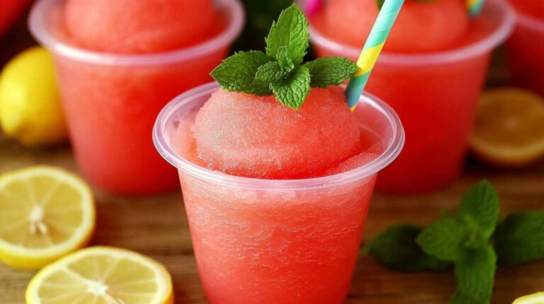 Close-up of watermelon slushies in plastic cups with striped straws and mint garnish, surrounded by lemons on a rustic wooden table.