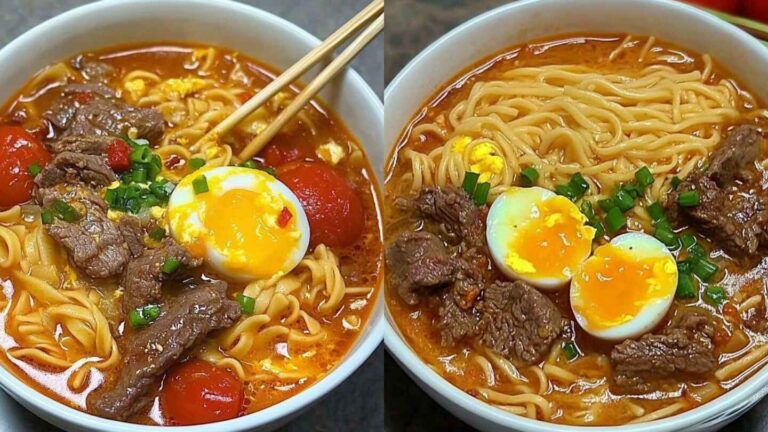 Tomato Egg and Beef Noodle Soup: Quick, Cozy Dinner Recipe 6 2 Bowls of tomato egg and beef noodle soup with soft-boiled egg, beef chunks, and green onions in a rich broth