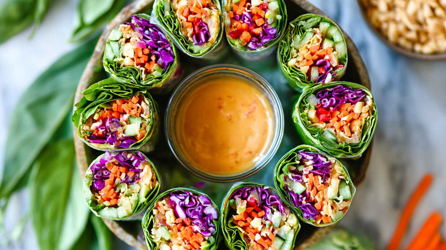 Vegetable Spring Rolls with Creamy Peanut Sauce 4 Colorful vegetable spring rolls served with peanut dipping sauce on a marble surface