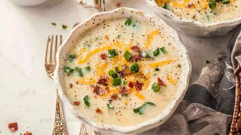 Crockpot Potato Soup: Creamy, Cheesy, and Comfort in a Bowl 5 Creamy crockpot potato soup topped with bacon, cheese, green onions, and sour cream