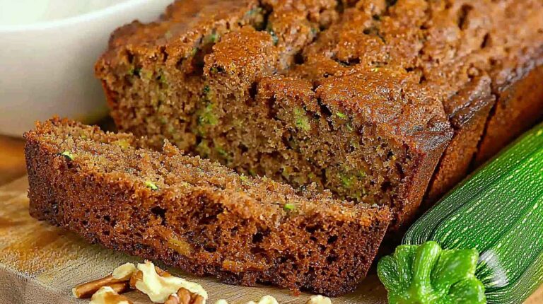 Zucchini Bread: Moist, Spiced, and Absolutely Irresistible 4 Sliced zucchini bread with nuts on a wooden board, with fresh zucchinis beside it