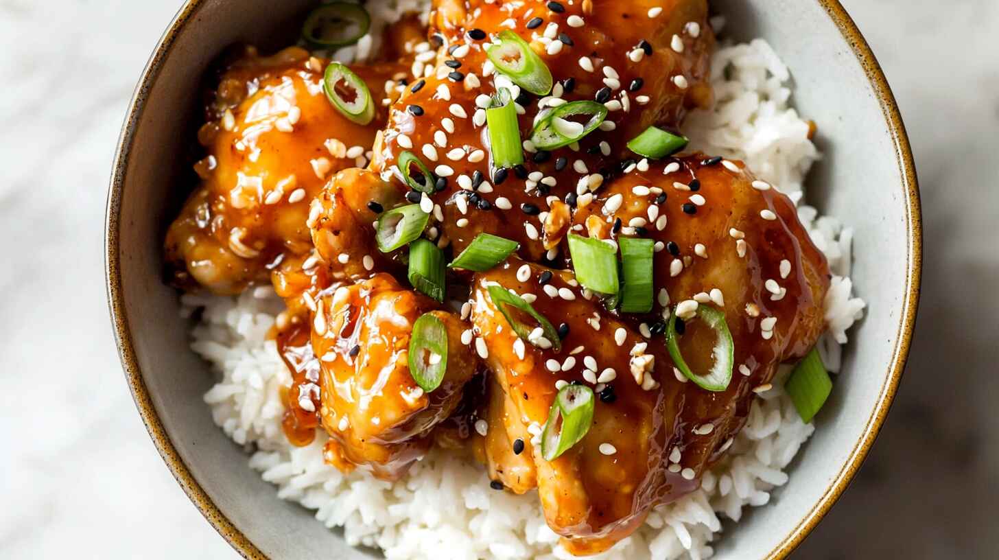 Honey Garlic Slow Cooker Chicken Thighs: Easy Flavorful Dinner Recipe 4 Slow cooker honey garlic chicken thighs served over white rice, garnished with green onions and sesame seeds.