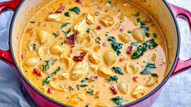 Marry Me Chicken Soup Recipe: Creamy, Cozy, and Irresistibly Comforting 7 Creamy Marry Me Chicken Soup in a red pot with chicken, spinach, pasta, and sun-dried tomatoes.